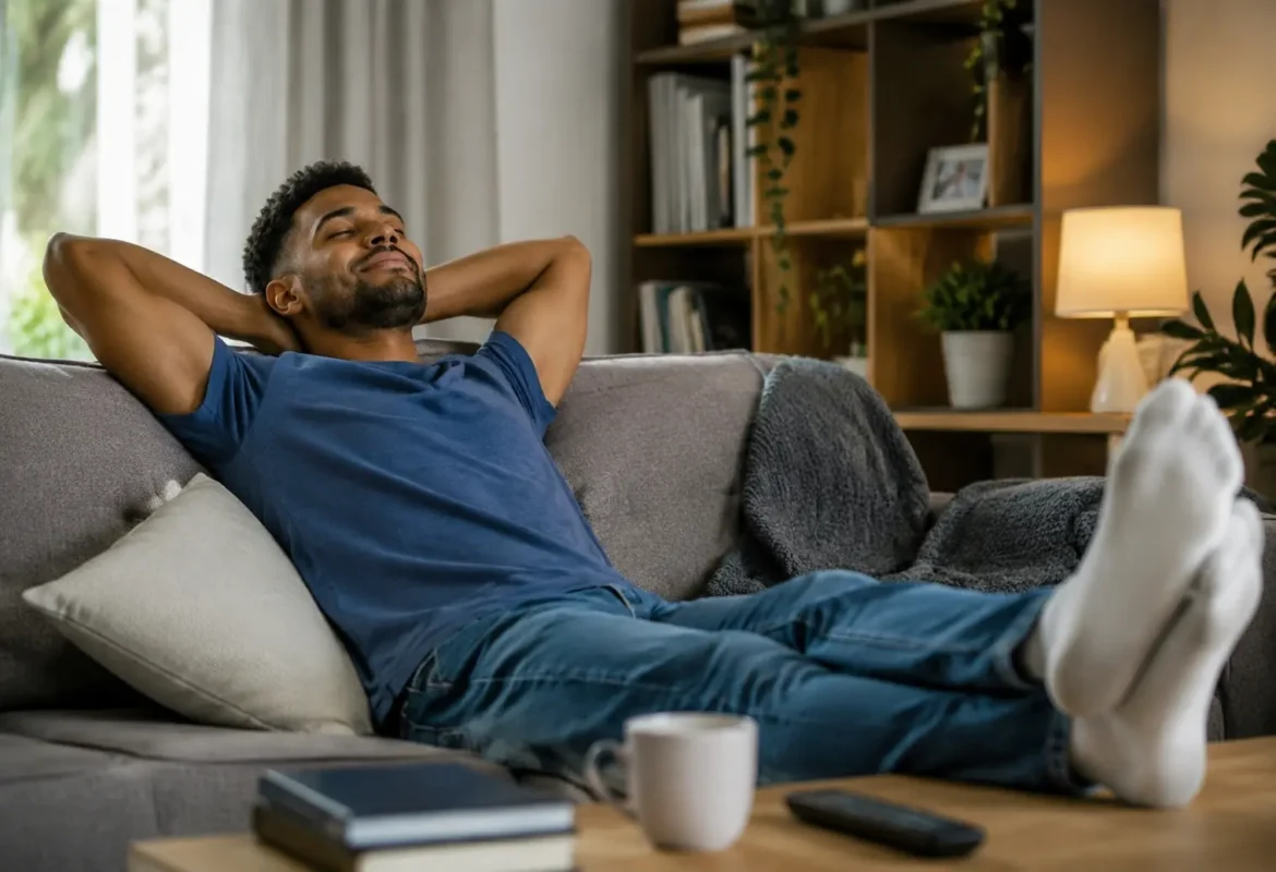Trabalhador relaxa em casa após jornada de trabalho reduzida