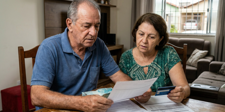 Casal de idosos analisa contrato de empréstimo com cédulas e cartão sobre mesa de madeira