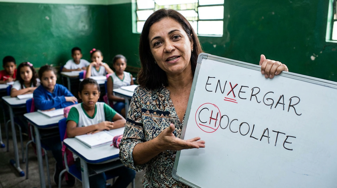 Professora em sala de aula mostra um quadro com as palavras "enxergar" e "chocolate", exemplos de uso do X e do CH.