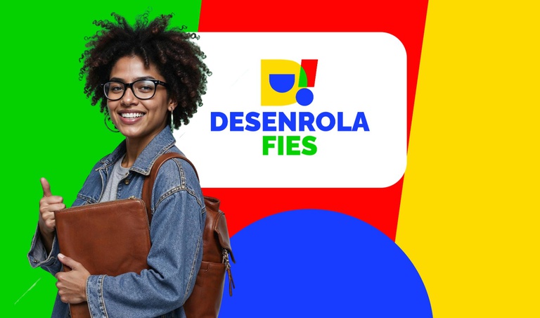 Estudante de óculos faz sinal de positivo segurando uma bolsa de couro ao lado da identidade visual do Desenrola Fies em fundo vibrante