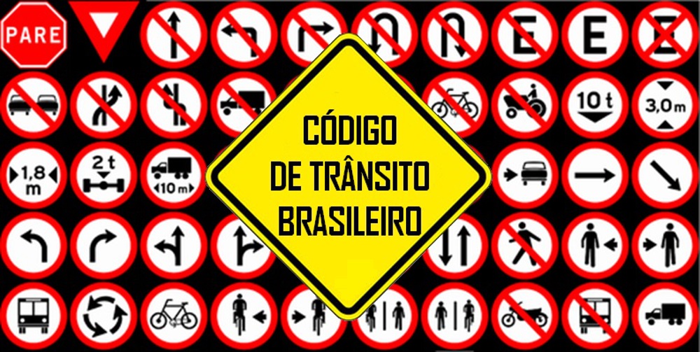 Mosaico com diversas placas de trânsito brasileiras em destaque para o aviso amarelo escrito Código de Trânsito Brasileiro