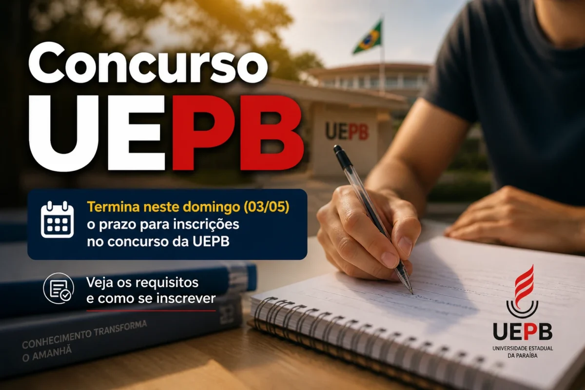 Pessoa escrevendo em caderno com destaque para concurso UEPB e orientação sobre requisitos para participação