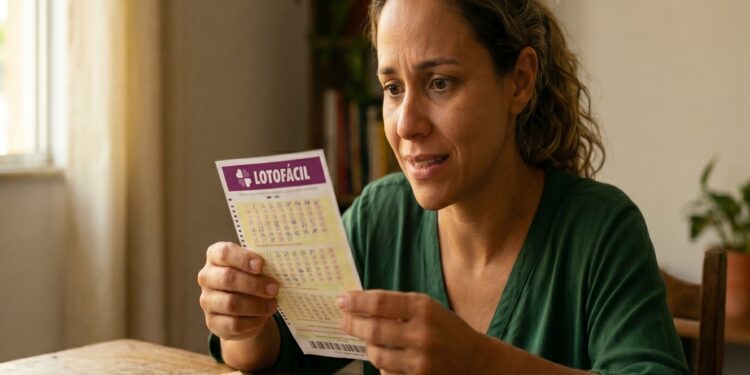 Mulher de blusa verde segura volante da Lotofácil enquanto olha atentamente os números, com notas de R$ 50 e R$ 100 na mesa