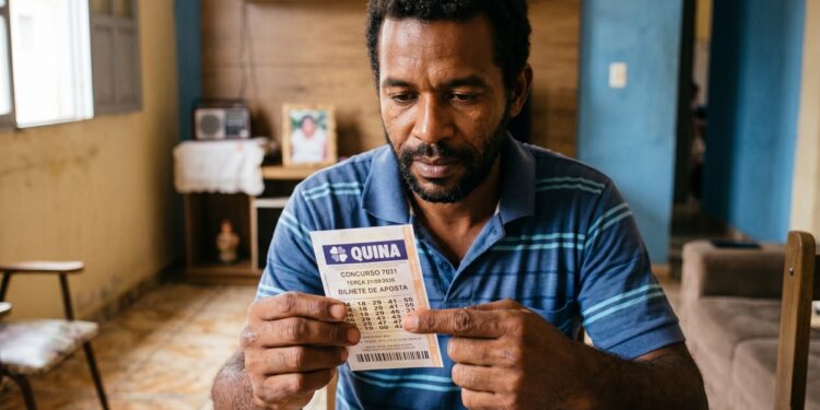 Homem de camisa polo azul listrada segura bilhete de aposta da Quina, concurso 7031, em ambiente doméstico