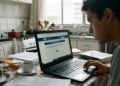Jovem de cabelos curtos usando notebook na cozinha para acessar site do INEP com xícaras de café e livros na mesa.