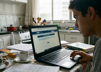 Jovem de cabelos curtos usando notebook na cozinha para acessar site do INEP com xícaras de café e livros na mesa.