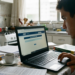 Jovem de cabelos curtos usando notebook na cozinha para acessar site do INEP com xícaras de café e livros na mesa.