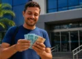 Homem segurando notas de dinheiro em frente à uma agência bancária, representando saque-aniversário do FGTS de R$ 900 até sexta-feira (29).