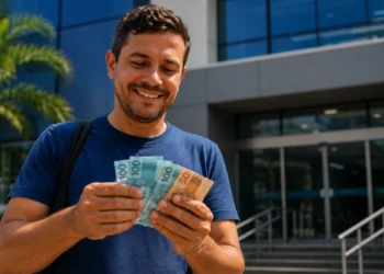 Homem segurando notas de dinheiro em frente à uma agência bancária, representando saque-aniversário do FGTS de R$ 900 até sexta-feira (29).