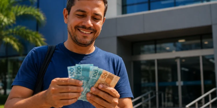 Homem segurando notas de dinheiro em frente à uma agência bancária, representando saque-aniversário do FGTS de R$ 900 até sexta-feira (29).
