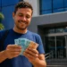 Homem segurando notas de dinheiro em frente à uma agência bancária, representando saque-aniversário do FGTS de R$ 900 até sexta-feira (29).