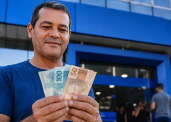 Homem segurando notas de reais em frente a uma agência bancária representando a liberação de saque-aniversário do FGTS em maio
