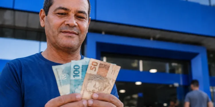 Homem segurando notas de reais em frente a uma agência bancária representando a liberação de saque-aniversário do FGTS em maio