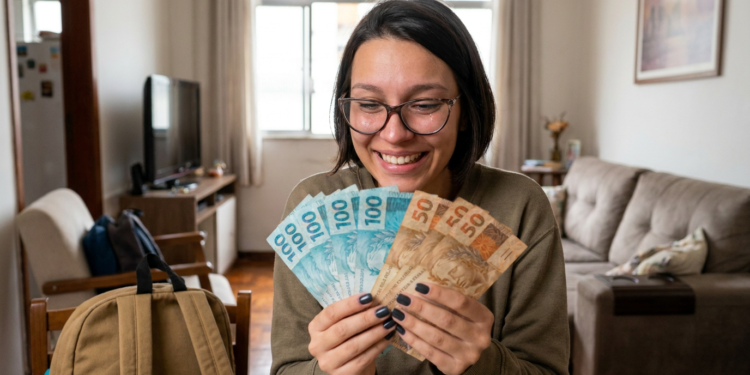Mulher de óculos sorri ao contar cédulas de cem e cinquenta reais na sala de casa.