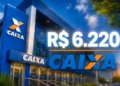 Agência da CAIXA com destaque para saque de R$ 6.220, representando o valor disponível em maio.
