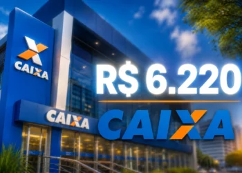 Agência da CAIXA com destaque para saque de R$ 6.220, representando o valor disponível em maio.