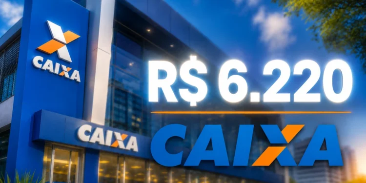 Agência da CAIXA com destaque para saque de R$ 6.220, representando o valor disponível em maio.