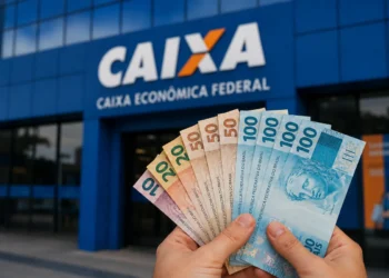 Saque de notas de real em frente à agência da Caixa Econômica Federal, relacionado à liberação de R$ 6.220 para novos brasileiros.
