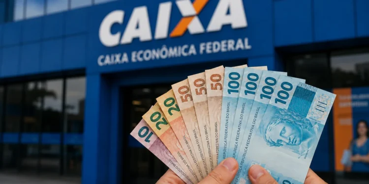 Saque de notas de real em frente à agência da Caixa Econômica Federal, relacionado à liberação de R$ 6.220 para novos brasileiros.