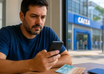 Homem mexendo no celular, representando o processo de solicitação do saque de R$ 6.220 da CAIXA até domingo (24).