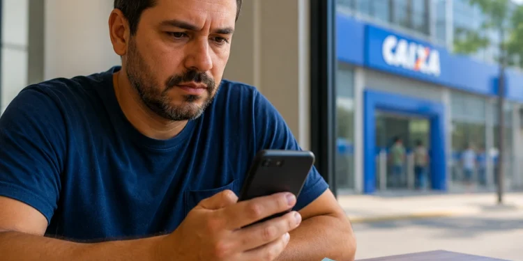 Homem mexendo no celular, representando o processo de solicitação do saque de R$ 6.220 da CAIXA até domingo (24).