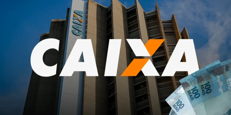 Fachada de prédio da CAIXA com cédulas de R$ 100 em destaque, representando o saque de R$ 6.220 autorizado para novos brasileiros.