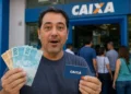 Homem segurando dinheiro e cartão da Caixa em frente à agência, representando o saque de R$ 2.900 liberado para CPFs com finais de 0 a 9.