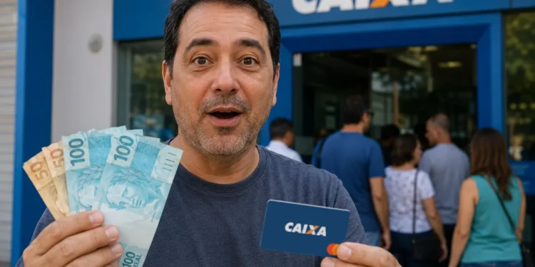 Homem segurando dinheiro e cartão da Caixa em frente à agência, representando o saque de R$ 2.900 liberado para CPFs com finais de 0 a 9.