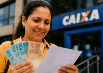 Mulher sorrindo, segurando notas de R$ 100 e R$ 50 em frente à agência da CAIXA, representando o saque de R$ 6.220 disponível até 1º de junho.