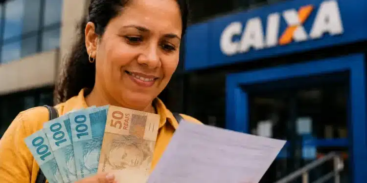 Mulher sorrindo, segurando notas de R$ 100 e R$ 50 em frente à agência da CAIXA, representando o saque de R$ 6.220 disponível até 1º de junho.