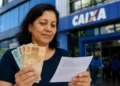 Mulher brasileira segurando cédulas de R$ 50 e R$ 100 e conferindo documento em frente à Caixa, representando o saque de R$ 6.220.