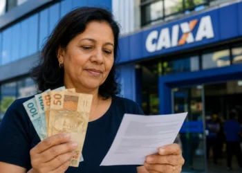 Mulher brasileira segurando cédulas de R$ 50 e R$ 100 e conferindo documento em frente à Caixa, representando o saque de R$ 6.220.
