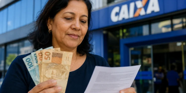 Mulher brasileira segurando cédulas de R$ 50 e R$ 100 e conferindo documento em frente à Caixa, representando o saque de R$ 6.220.