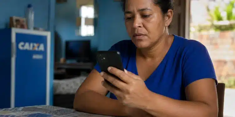 Mulher mexendo no celular, representando a solicitação do saque de R$ 6.220 pela CAIXA.