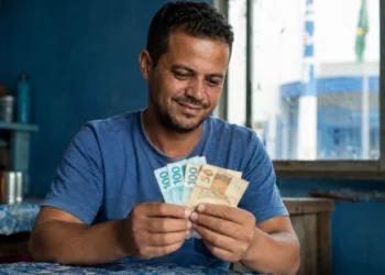 Homem segurando cédulas em ambiente doméstico, ilustrando o saque do FGTS de R$ 6.220 liberado para solicitação a partir de 27 de maio.
