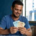 Homem segurando cédulas em ambiente doméstico, ilustrando o saque do FGTS de R$ 6.220 liberado para solicitação a partir de 27 de maio.