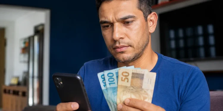 Trabalhador brasileiro consulta informações do FGTS no celular enquanto segura notas de reais em casa, representando o saque de R$ 6.220 do Fundo.