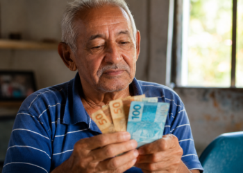Homem idoso de cabelos grisalhos e camisa polo azul listrada segura e conta notas de 50 e 100 reais em ambiente doméstico.