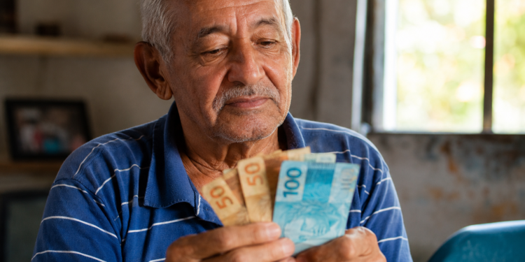 Homem idoso de cabelos grisalhos e camisa polo azul listrada segura e conta notas de 50 e 100 reais em ambiente doméstico.