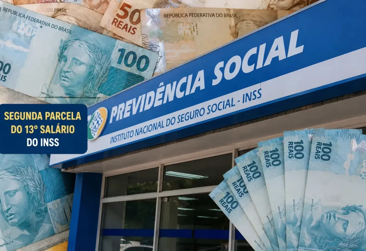 Fachada da Previdência Social com notas de real ilustrando o calendário da segunda parcela do 13º salário do INSS
