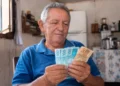 Aposentado brasileiro segurando notas de reais em casa, representando a liberação da segunda parcela do 13º salário do INSS