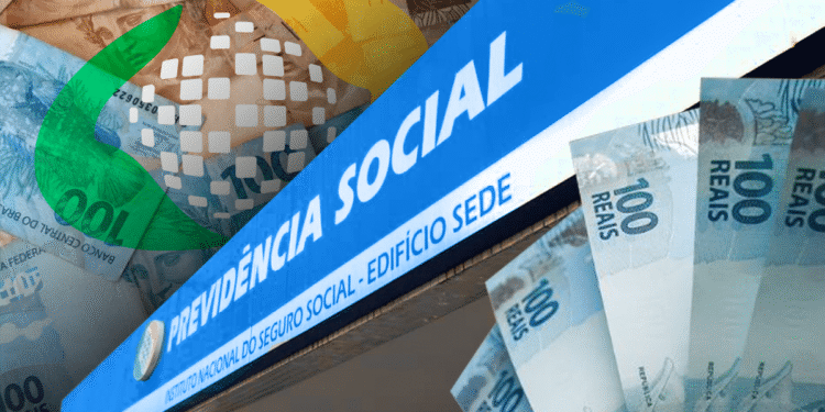 Fachada azul da Previdência Social com logotipo do INSS e notas de R$ 100 e R$ 50 representando o pagamento do 13º salário