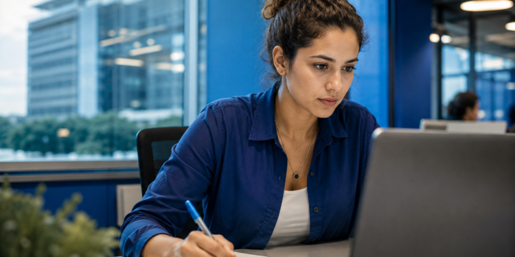 Mulher jovem de cabelos cacheados presos escreve em documento enquanto olha laptop em escritório com vista para prédios.