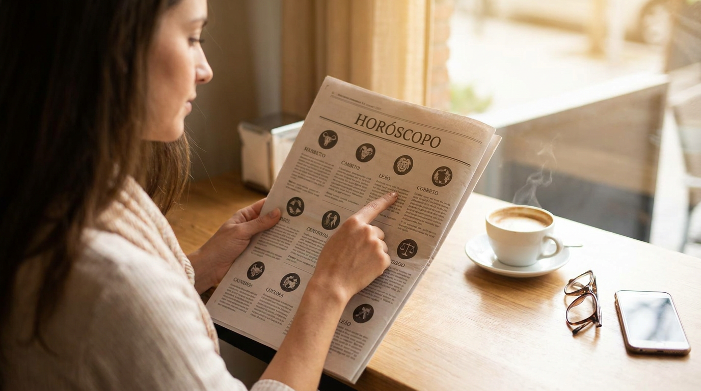 Mulher de cabelo castanho aponta para signo em página de horóscopo de jornal, com xícara de café fumegante na mesa.