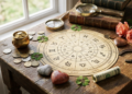 Mapa astral com símbolos zodiacais cercado por trevos, ferradura, moedas, vaso dourado e rosas sobre mesa de madeira.