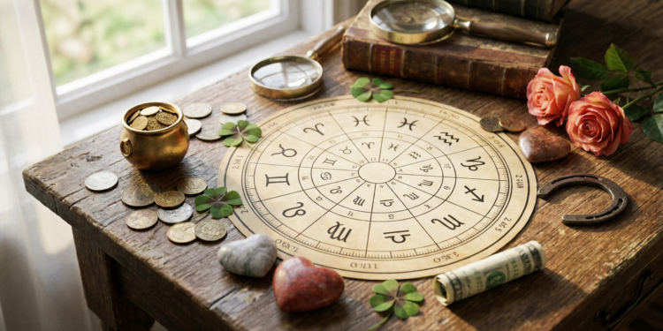 Mapa astral com símbolos zodiacais cercado por trevos, ferradura, moedas, vaso dourado e rosas sobre mesa de madeira.