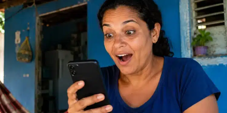 Mulher mexendo no celular com expressão de surpresa, representando a solicitação do saque de R$ 6.220 pelo aplicativo do FGTS.
