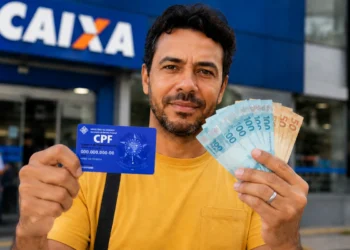 Homem segurando CPF e dinheiro em frente à Caixa, ilustrando a solicitação de R$ 6.220.
