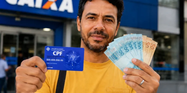 Homem segurando CPF e dinheiro em frente à Caixa, ilustrando a solicitação de R$ 6.220.