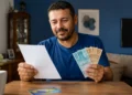 Trabalhador segura solicitação e cédulas de reais em casa para ressarcimento do PIS/Pasep.